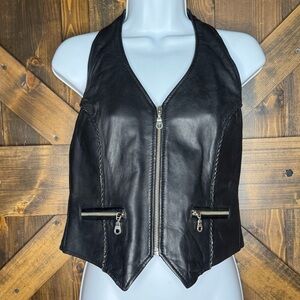 Vintage FIRST Genuine Leather Braided Fitted Halter Top Motorcycle Biker Sz L